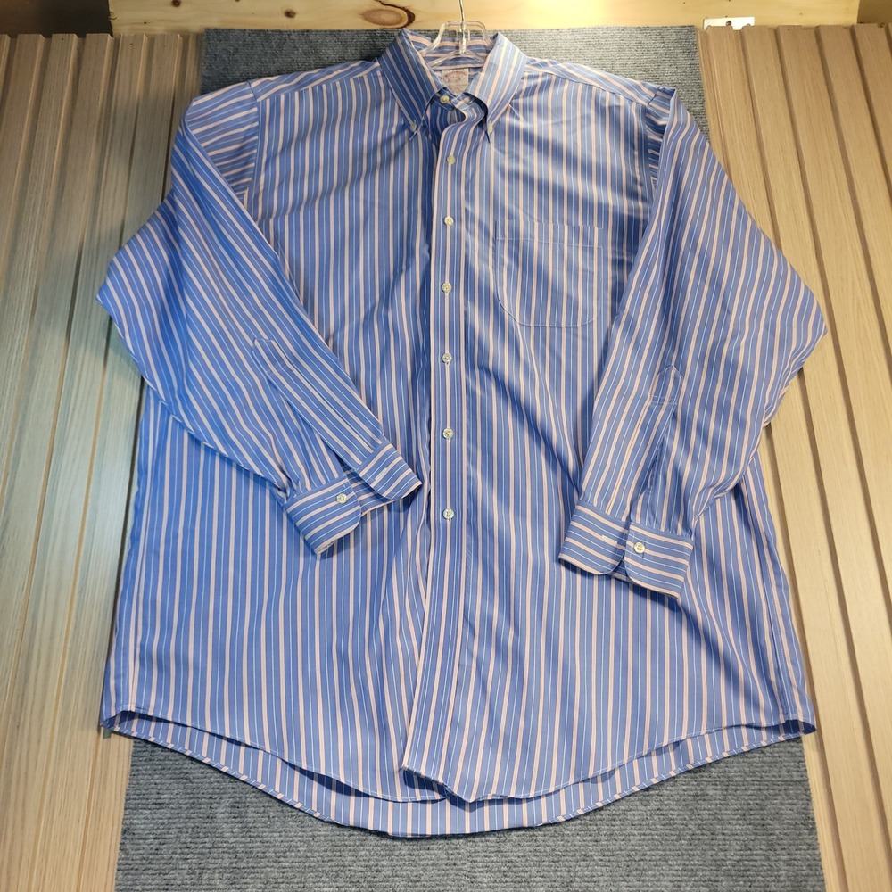 Brooks Brothers Shirt Mens 17-33 Blue Red Stripe Good Non-Iron Traditional Fit